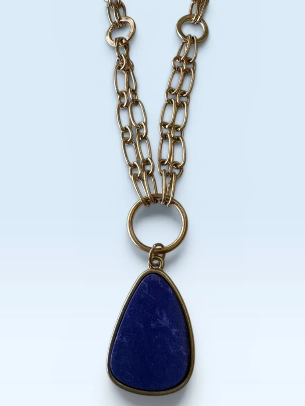 Goldtone Double Chain Necklace with a Blue Glass Pendant by Plunder Design - Picture 6 of 11